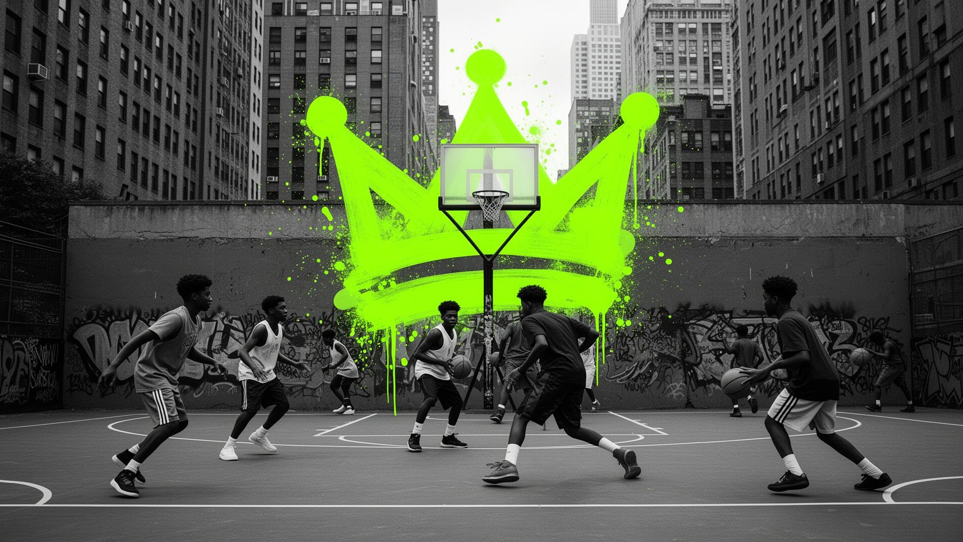 Youth playing basketball on an urban court